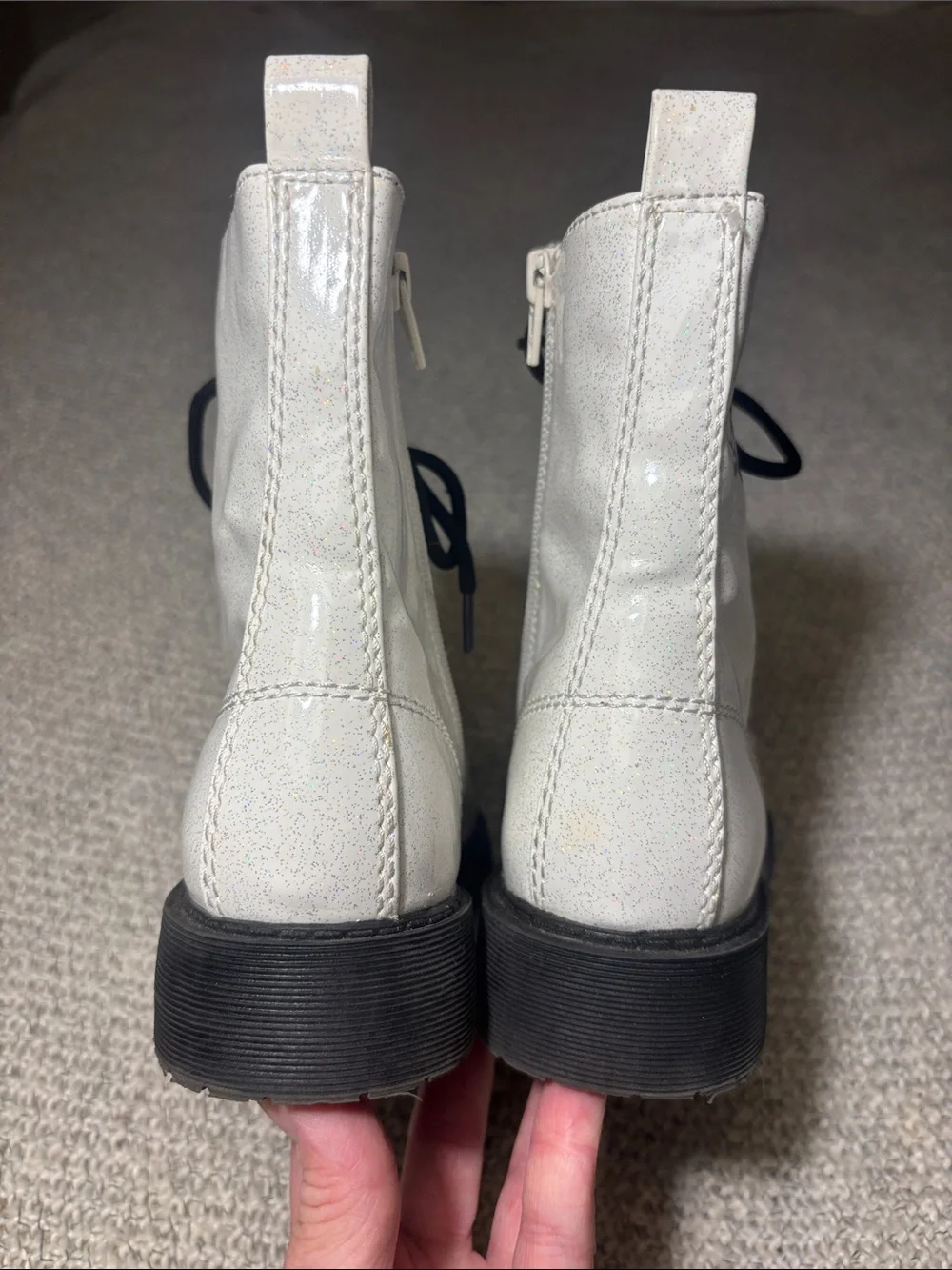 WHITE Glossy Sparkle Combat Boots,zip/lace